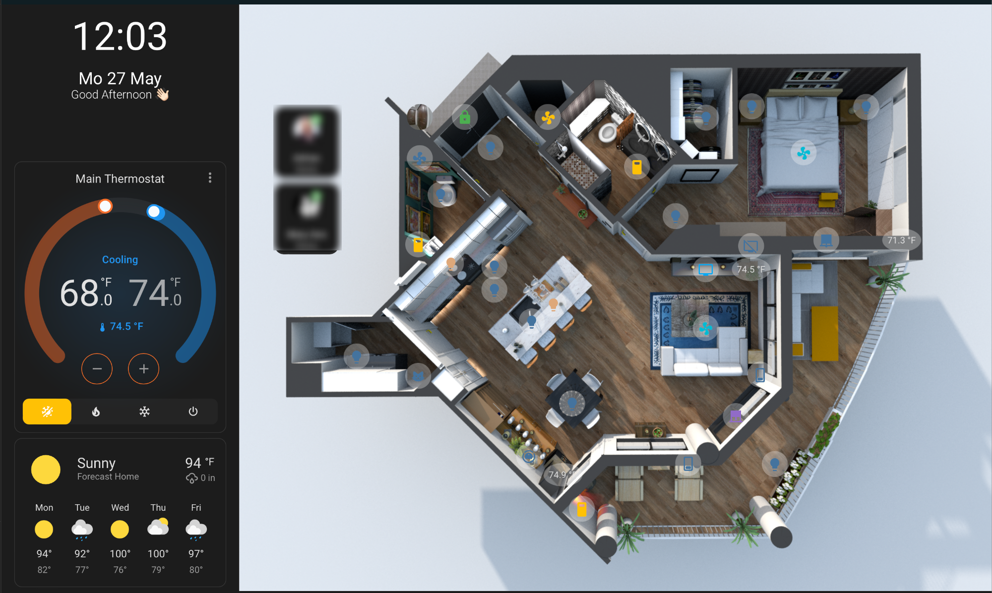 Home automation dashboard on screen